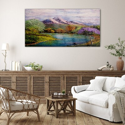 Glasbild Berglandschaft mit See