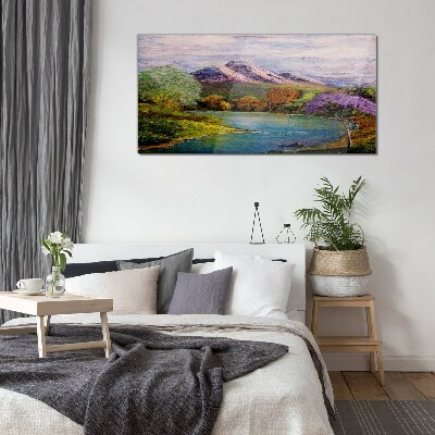 Glasbild Berglandschaft mit See