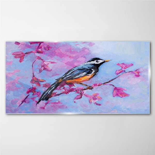 Glasbild Frühlingsvogel auf rosa Zweigen