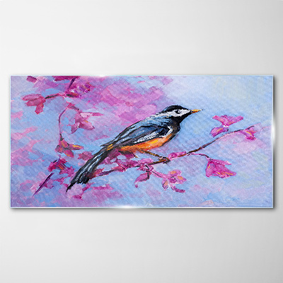 Glasbild Frühlingsvogel auf rosa Zweigen