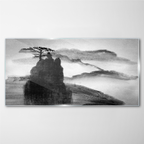 Glasbild Ein einsamer Baum auf einem felsigen Berg