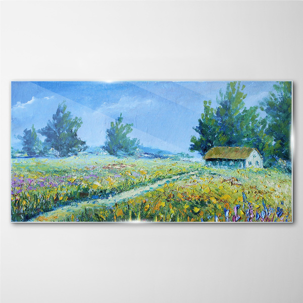 Glas bild Sommerlandschaft mit einem Haus im Feld