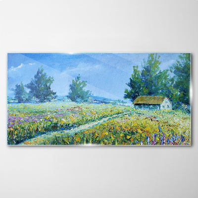 Glas bild Sommerlandschaft mit einem Haus im Feld