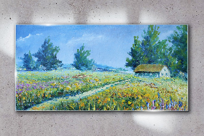 Glas bild Sommerlandschaft mit einem Haus im Feld