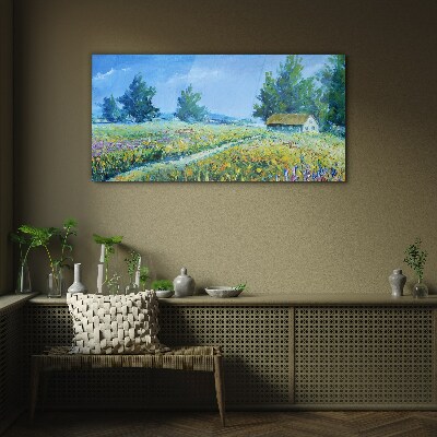Glas bild Sommerlandschaft mit einem Haus im Feld