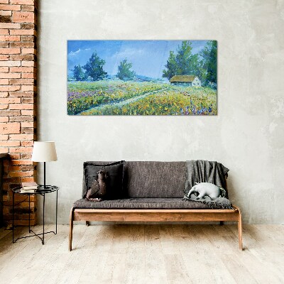 Glas bild Sommerlandschaft mit einem Haus im Feld