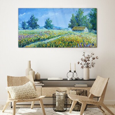 Glas bild Sommerlandschaft mit einem Haus im Feld