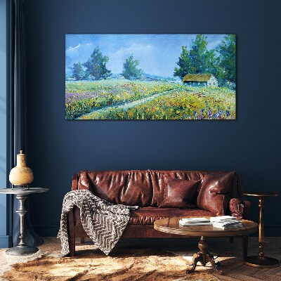 Glas bild Sommerlandschaft mit einem Haus im Feld