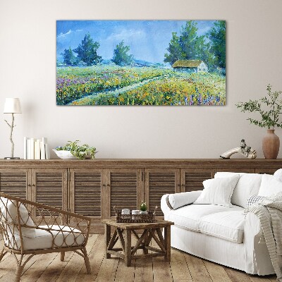 Glas bild Sommerlandschaft mit einem Haus im Feld