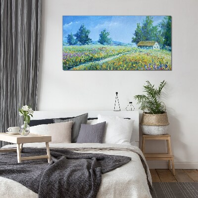 Glas bild Sommerlandschaft mit einem Haus im Feld
