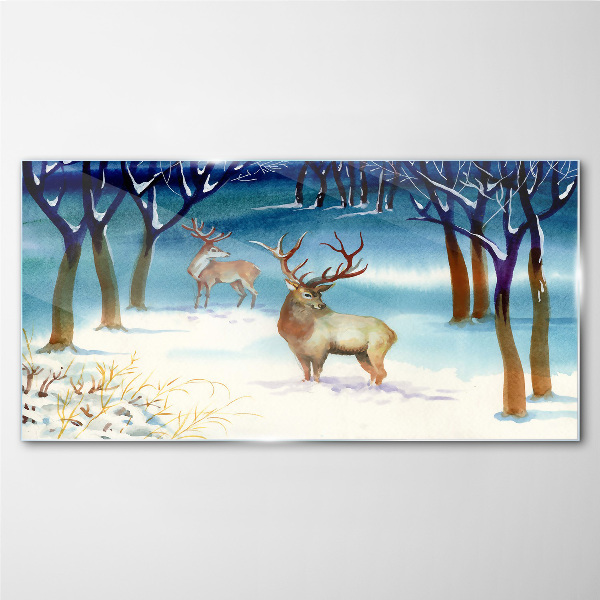 Glasbild Winterlandschaft mit einem Hirsch