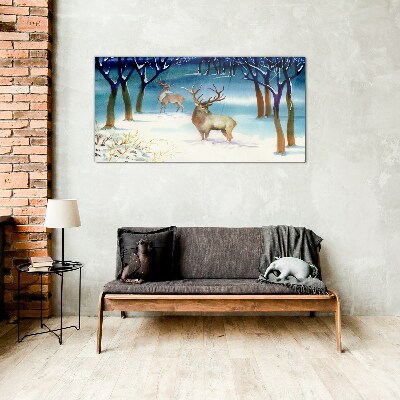 Glasbild Winterlandschaft mit einem Hirsch