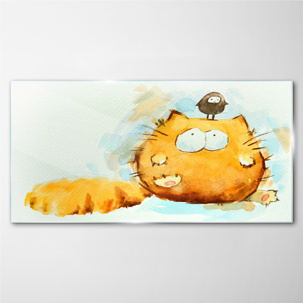 Glasbild Katze mit Vogel