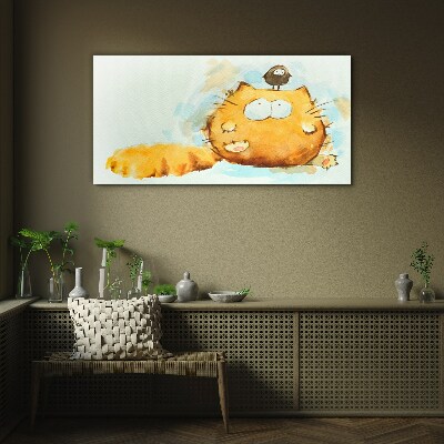Glasbild Katze mit Vogel