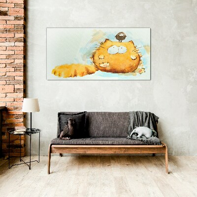 Glasbild Katze mit Vogel