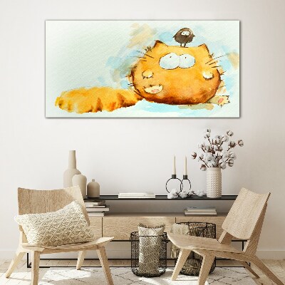 Glasbild Katze mit Vogel