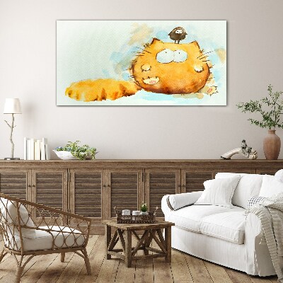 Glasbild Katze mit Vogel