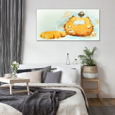 Glasbild Katze mit Vogel
