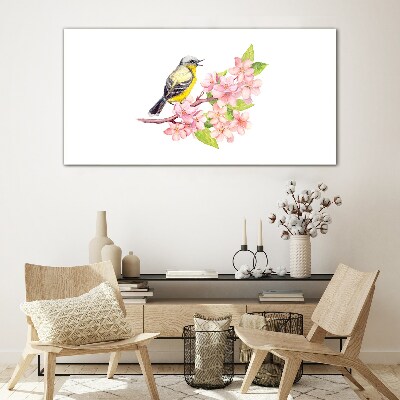 Bild auf glas Vogel auf einem Zweig mit Blumen