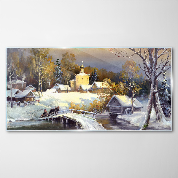 Glasbild Winterlandschaft mit Dorfkirche