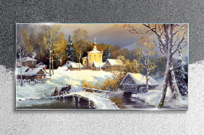 Glasbild Winterlandschaft mit Dorfkirche