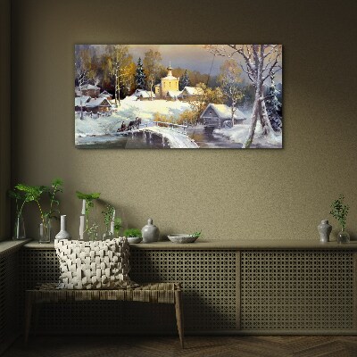 Glasbild Winterlandschaft mit Dorfkirche