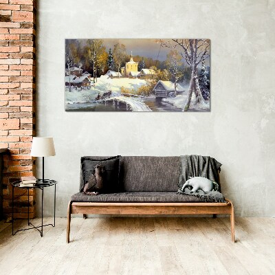 Glasbild Winterlandschaft mit Dorfkirche