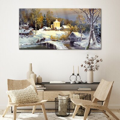 Glasbild Winterlandschaft mit Dorfkirche