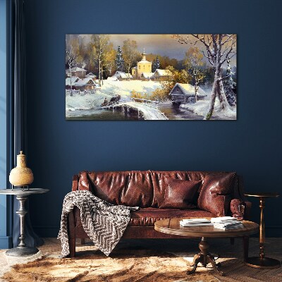 Glasbild Winterlandschaft mit Dorfkirche