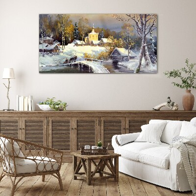 Glasbild Winterlandschaft mit Dorfkirche
