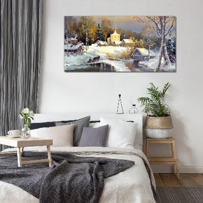 Glasbild Winterlandschaft mit Dorfkirche
