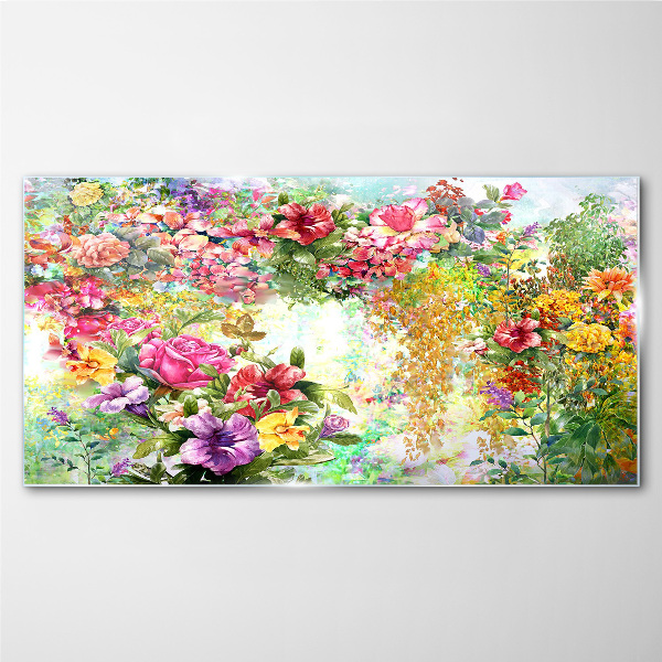 Glasbild Ein Blumenparadies in Pastellfarben