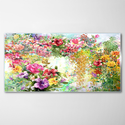 Glasbild Ein Blumenparadies in Pastellfarben