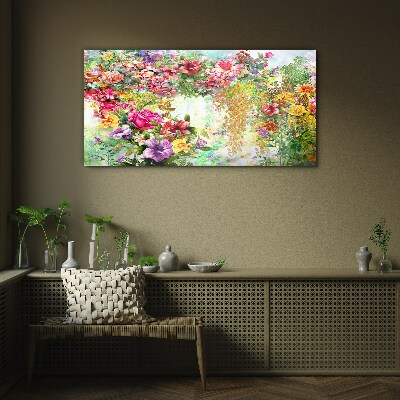 Glasbild Ein Blumenparadies in Pastellfarben