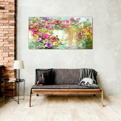 Glasbild Ein Blumenparadies in Pastellfarben