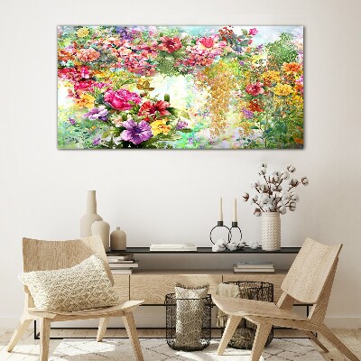 Glasbild Ein Blumenparadies in Pastellfarben