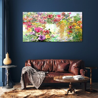 Glasbild Ein Blumenparadies in Pastellfarben