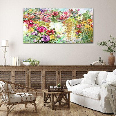 Glasbild Ein Blumenparadies in Pastellfarben