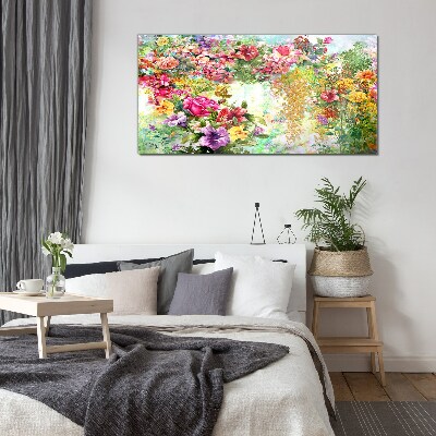 Glasbild Ein Blumenparadies in Pastellfarben