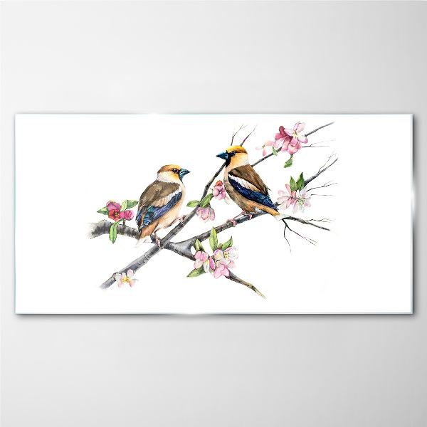 Glasbild Vögel auf einem Ast zwischen Blumen
