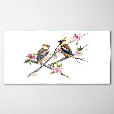 Glasbild Vögel auf einem Ast zwischen Blumen