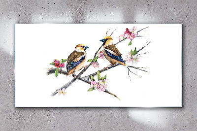Glasbild Vögel auf einem Ast zwischen Blumen