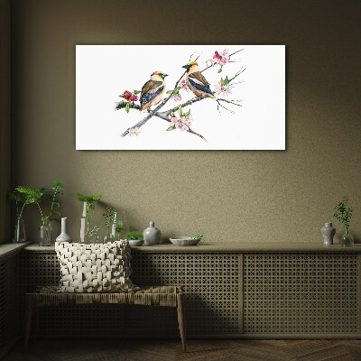 Glasbild Vögel auf einem Ast zwischen Blumen
