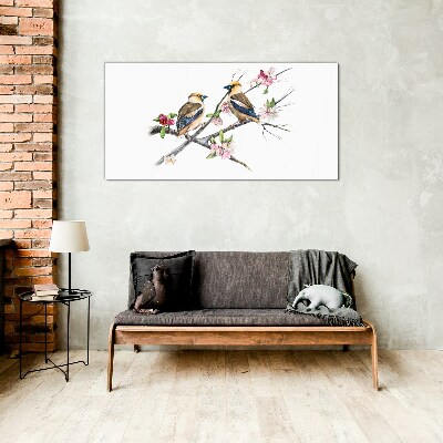 Glasbild Vögel auf einem Ast zwischen Blumen