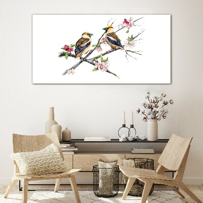 Glasbild Vögel auf einem Ast zwischen Blumen