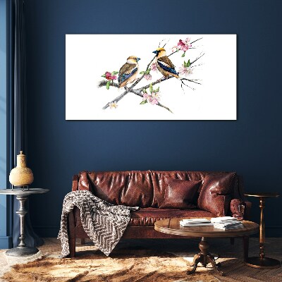Glasbild Vögel auf einem Ast zwischen Blumen