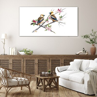 Glasbild Vögel auf einem Ast zwischen Blumen