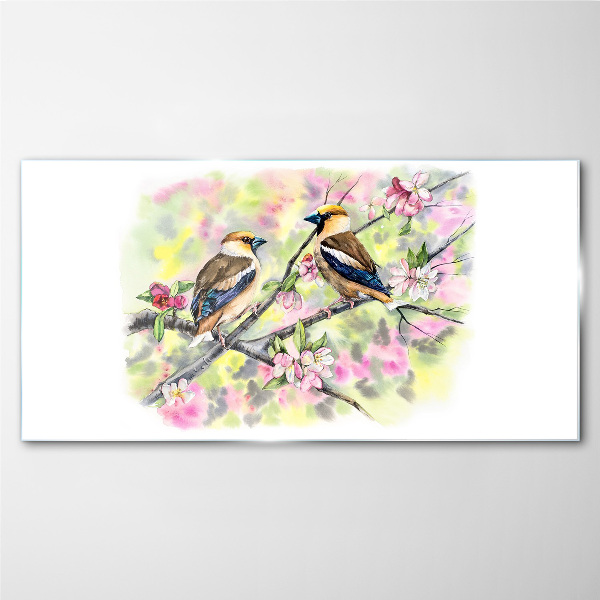 Foto auf glas Vögel auf einem Zweig mit Blumen