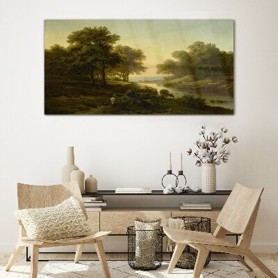 Glasbild Landschaft Fluss Wald Natur