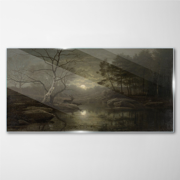 Glasbild Nachtlandschaft mit einem Hirsch